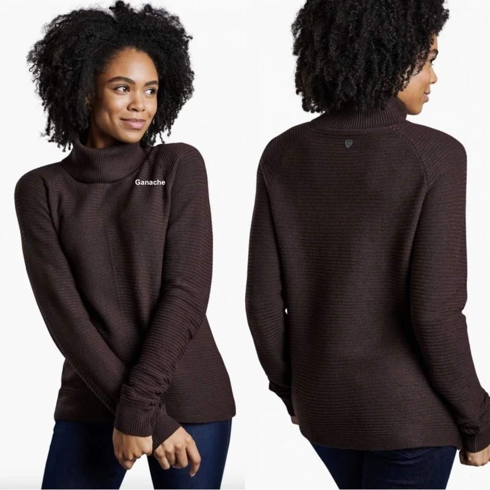 KUHL Women's Solace Sweater Wool Blend Ribbed Cowl Neck in Brown Size Medium